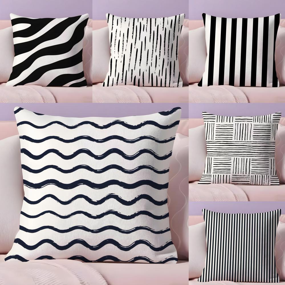 Black White Striped Geometric Rectangle Silky Short Plush with Invisible Zipper Dustproof Sofa Cushion Cover for Home Decor