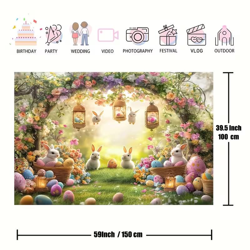 2D Easter Garden Backdrop with Floral Arch, Bunnies and Decorated Eggs Banner