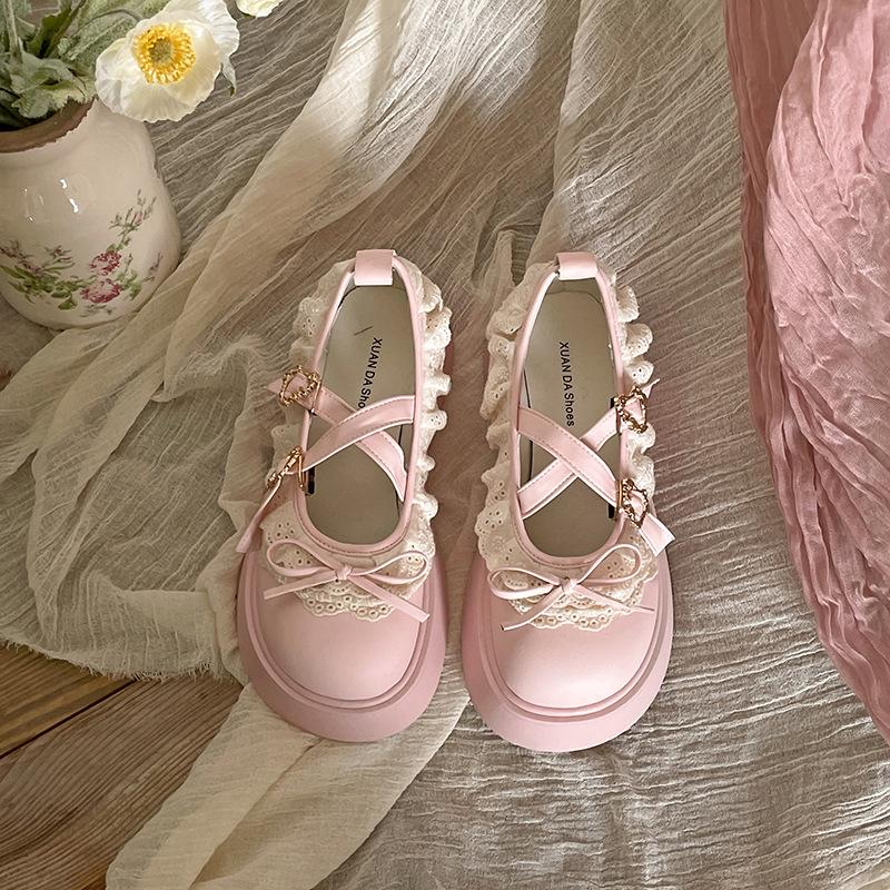 French retro heightening platform small leather shoes spring versatile British style round head Mary Jane single shoes