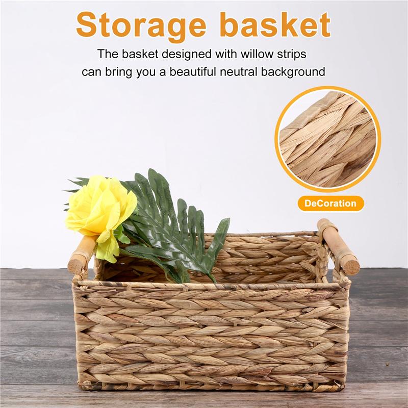 ABWR-Wicker Basket Rectangular With Wooden Handles For Shelves,Water Hyacinth Basket Storage,Natural Baskets