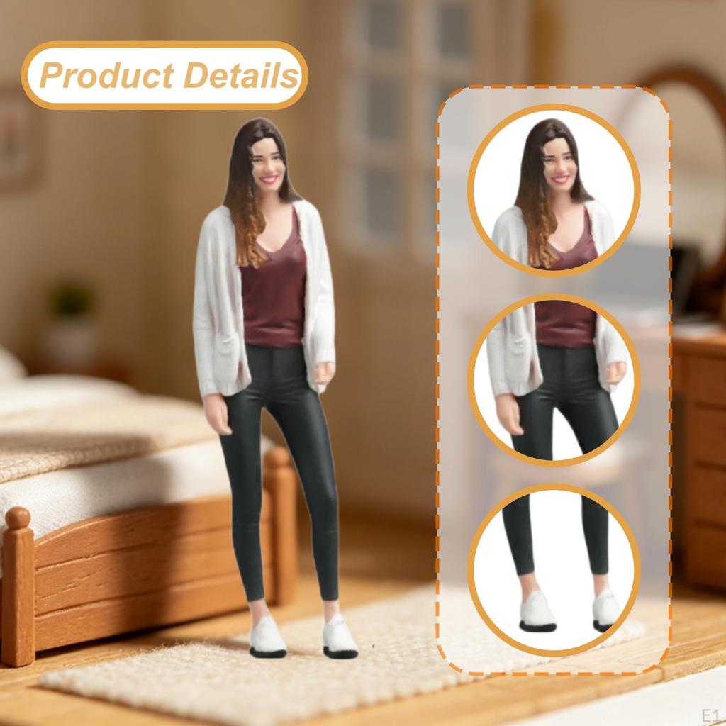 1:24 Girl in Sweater Model Miniature Standing Dioramas Mini Long Hair Female for Desktop