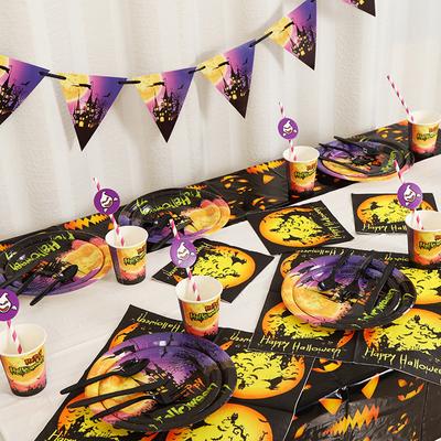 Purple Halloween Disposable Paper Plates Set Paper Cups Plates Party Supplies For Halloween Party