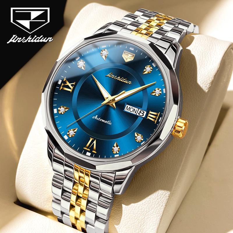 JINSHIDUN New Business and Leisure Men's Watch Elegant Business Double Calendar Mechanical Watch Waterproof Business Men's Watch