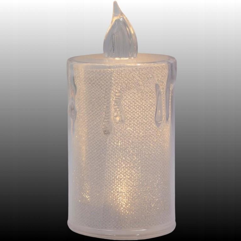 Świeca dekoracyjna LED 10,5cm transparentna z efektem brokatu ciepły biały