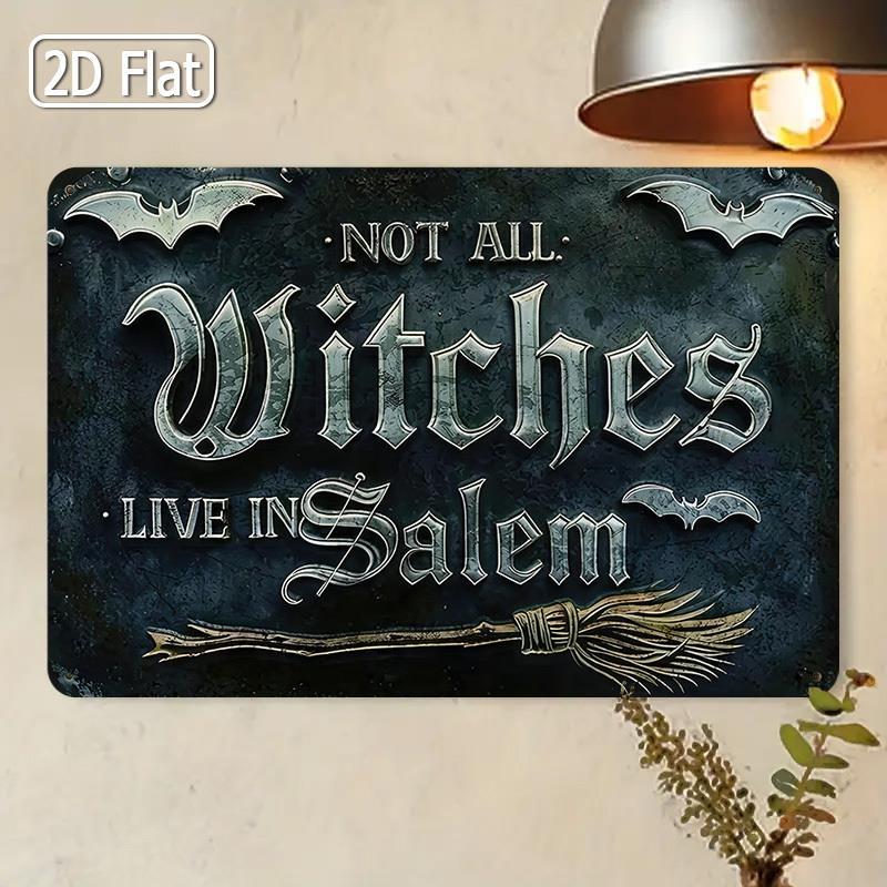 

Not All Witches Live In Salem Vintage Metal Tin Sign Retro Gothic Halloween Witch Broom Bat Wall Art Decor Rustic Spooky Home 20x30cm（7.8x11.8inch）