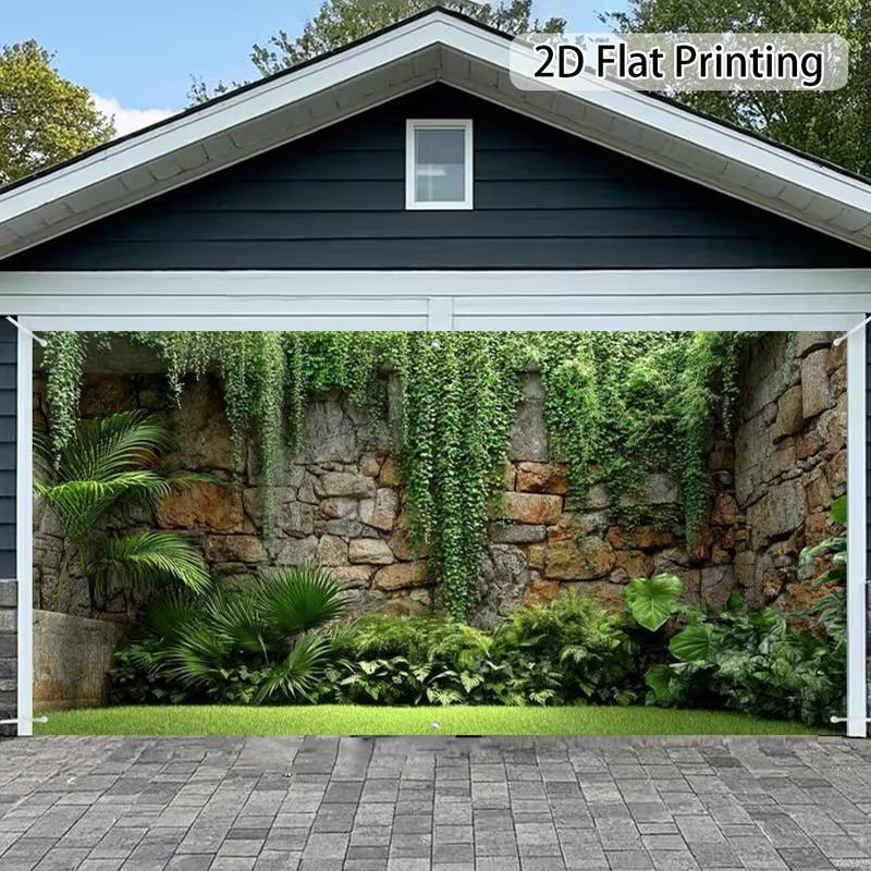 2D Rough Cobblestone Wall Jungle Greenery Lawn Yard Photo Background