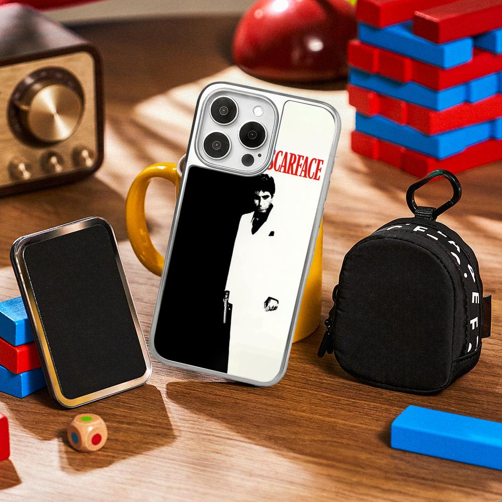 Tonny Montana Scarface Classic Poster Phone Case for iPhone 16 15 14 13 12 11 Pro Max Sheepskin Silver-edged Protective Case
