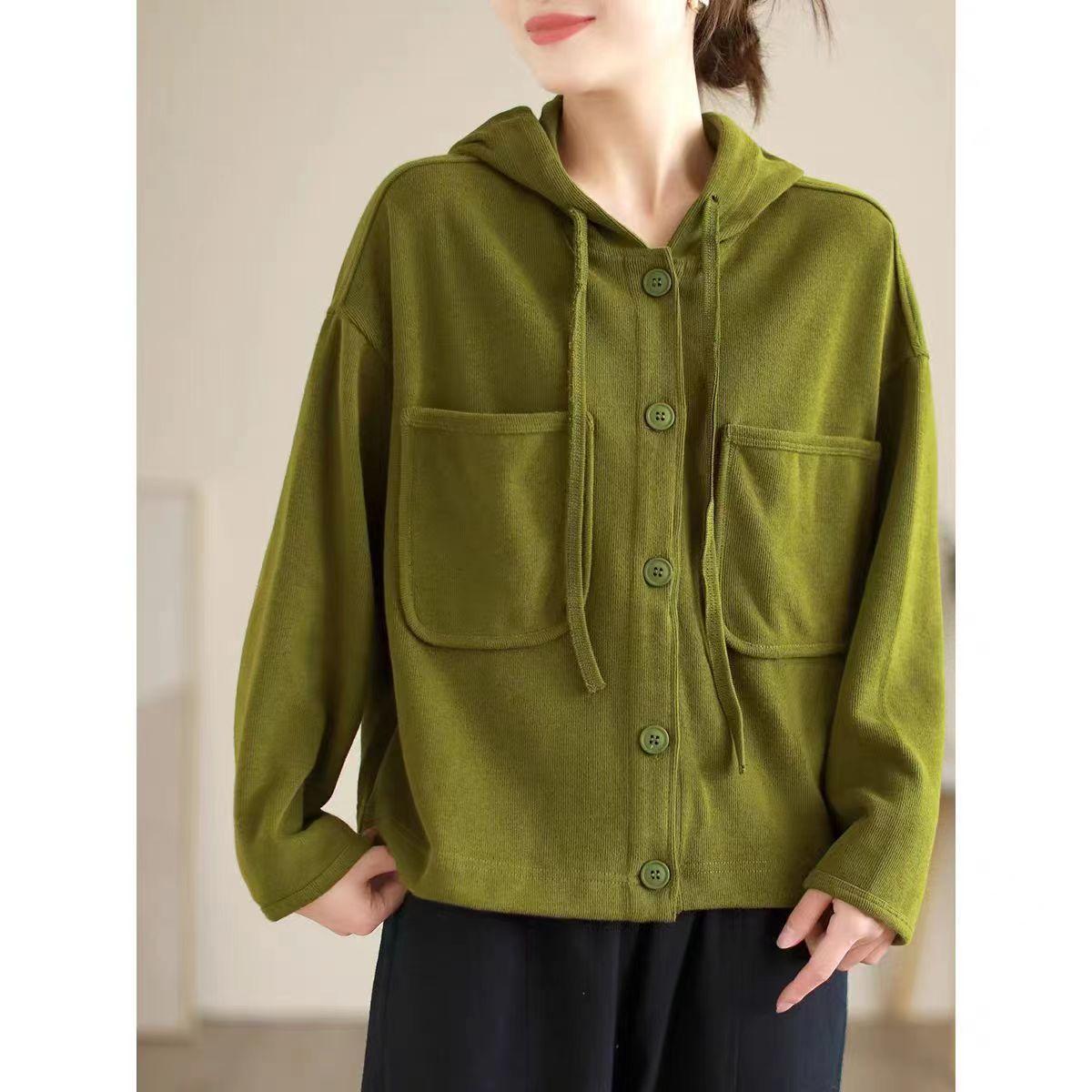 

Women s Solid Color Jackets Autumn Spring Hooded Pockets Loose Cardigan Korean Fashion Lady Blouse Coat XXL зелений