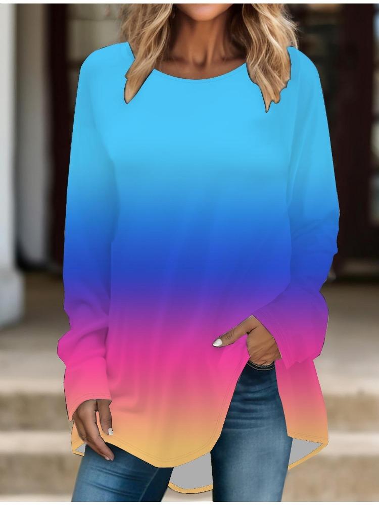 Spring Gradient Color Printed Tops Plus Size Women Long Sleeve Round Collar T-shirt Casual Comfy Baggy Mid Length Tee
