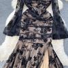 Summer Elegant Embroidery Flower Mermaid Evening Party Dress Women Long Flare Sleeve Cup Padded V Neck One Piece Mesh Folds Prom Robe