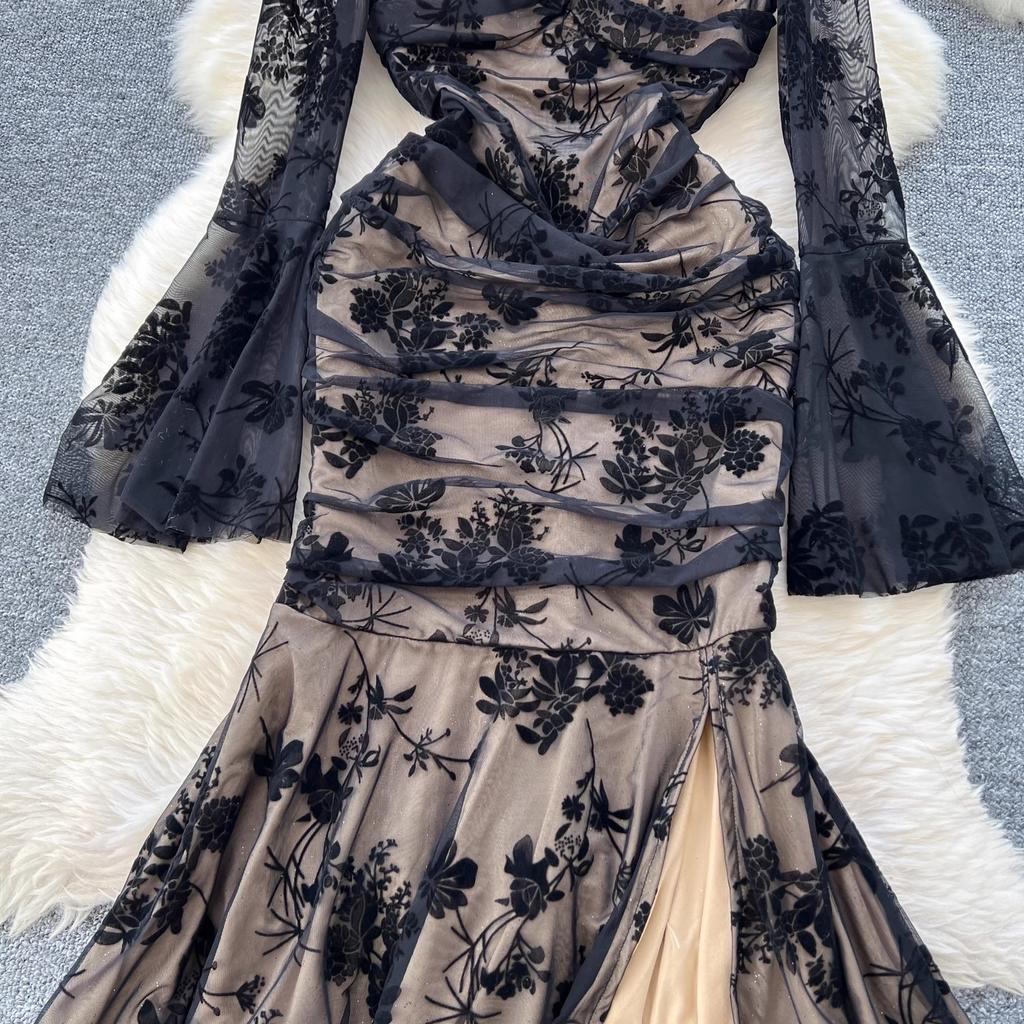 Summer Elegant Embroidery Flower Mermaid Evening Party Dress Women Long Flare Sleeve Cup Padded V Neck One Piece Mesh Folds Prom Robe