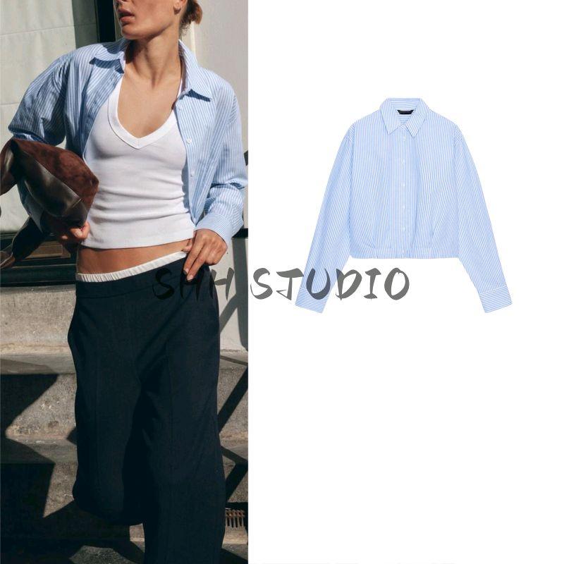 Autumn New Women's Clothing French Lapel Long Sleeves Waist Ruched Striped Short Style Oxford Shirt 8417446