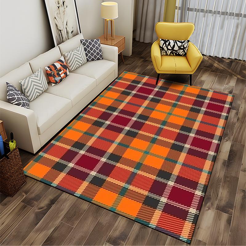 Plaid Pattern Carpet In Warm Orange and Red Tones, Modern Home Decor Suitable for Use As an Anti-slip for Living Room Bedroom Sofas