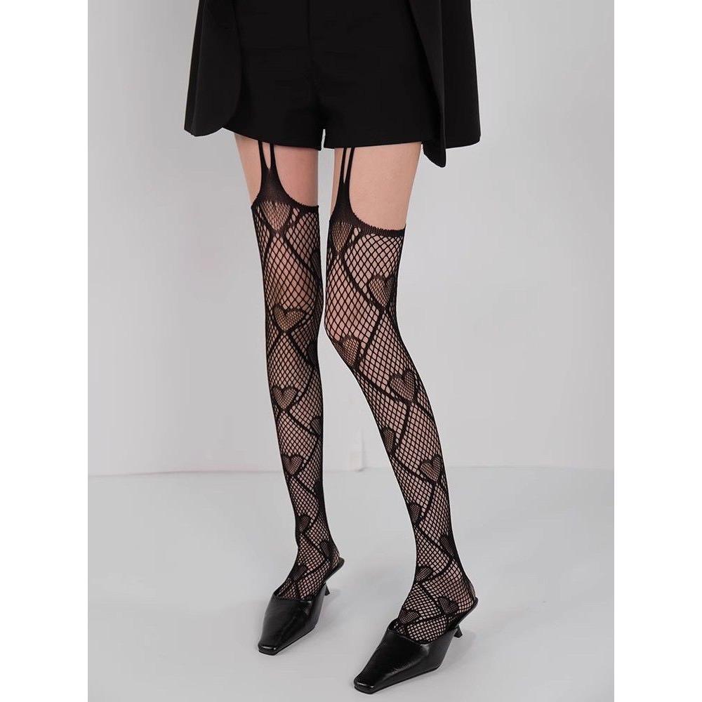 Early Spring New Product Spice Girl Sweet Cool Fake Thigh Suspenders Fishnet Socks Thin Stockings Red Coffee Love Mesh Pantyhose