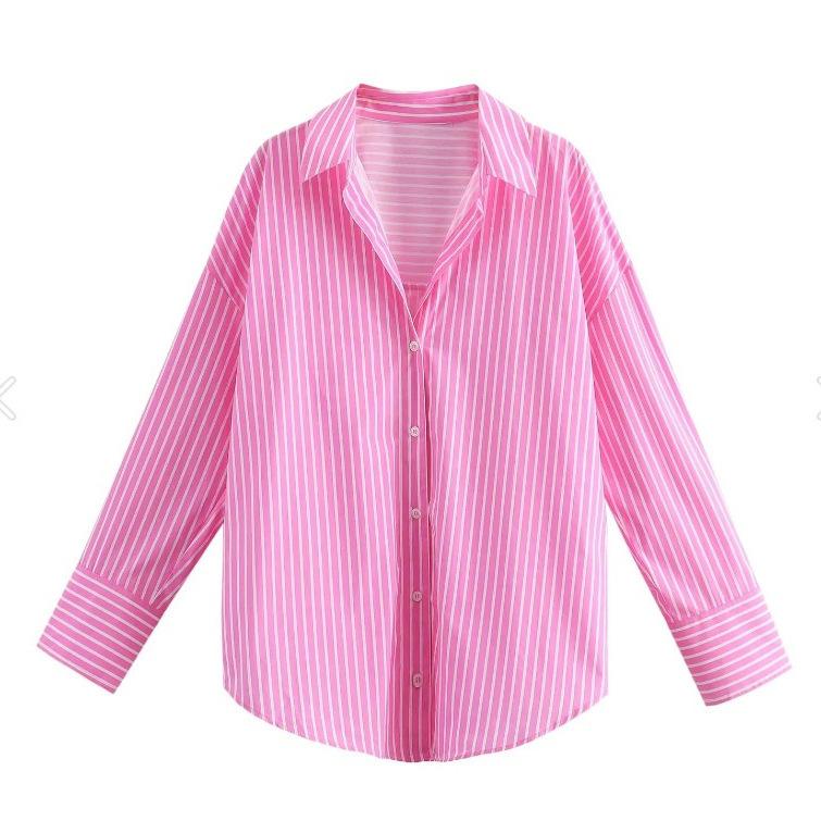 Women's Lapel Long Sleeve Loose Fit Striped Shirt Single Breasted Casual Oversized Blouse Top