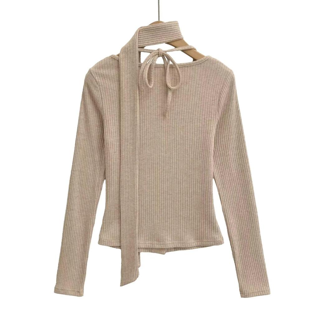 Temperament Pure Desire Spliced Faux Two-Piece Turtleneck Tie Imitation Cashmere Long Sleeve Tee with Flowing Ribbon Scarf for Women