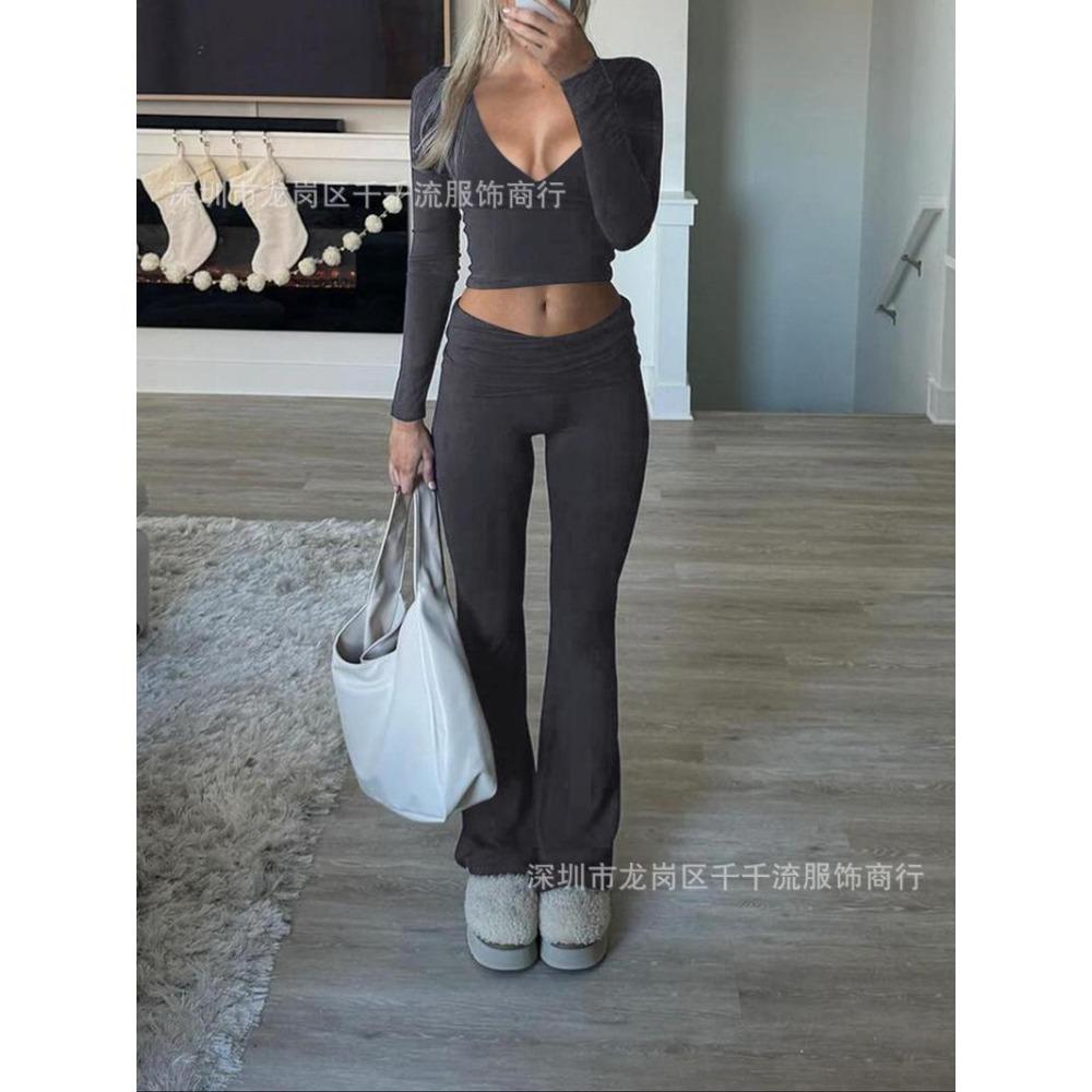 Women's V Neck Long Sleeve Crop Top High Waist Flare Pants 2 Piece Lounge Set