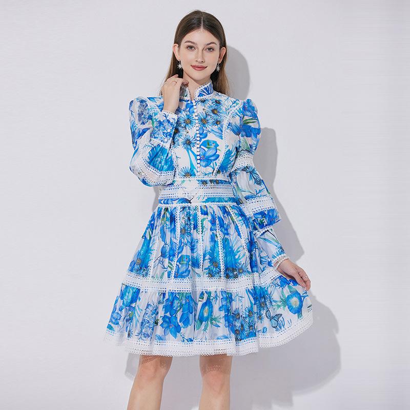 European and American New French Elegant Lace Waist Lantern Sleeve Dress