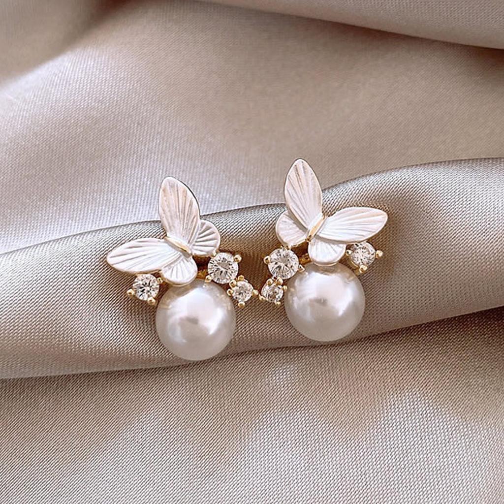 Exquisite Design Butterfly Pearl Stud Earrings French Gentle Flash Diamond Earrings Women's Light Luxury Niche High-end Ear Jewelry