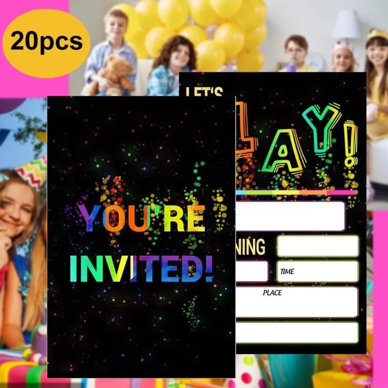 

20Pcs Bright Birthday Party Invites for Boys Girls Double Sided Neons Styles Invitation Cards For Themed Parties CN