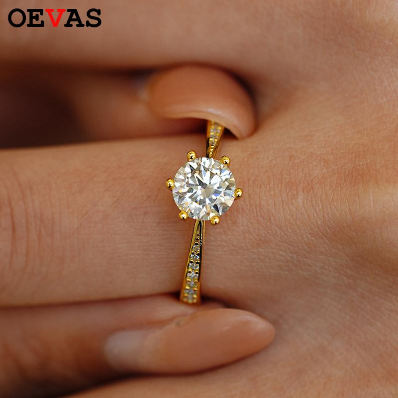 OEVAS 1ct 2ct Round Moissanite Rings 100% S925 Silver for Women Wedding Party Elegant Fine Jewelry