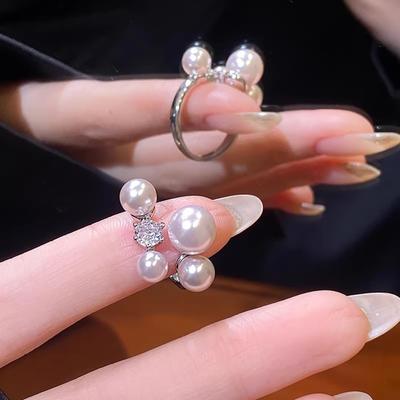 Women Ring French Style Adjustable Opening Finger Ring with Imitation Pearls Cubic Zirconia Design Jewelry Gift