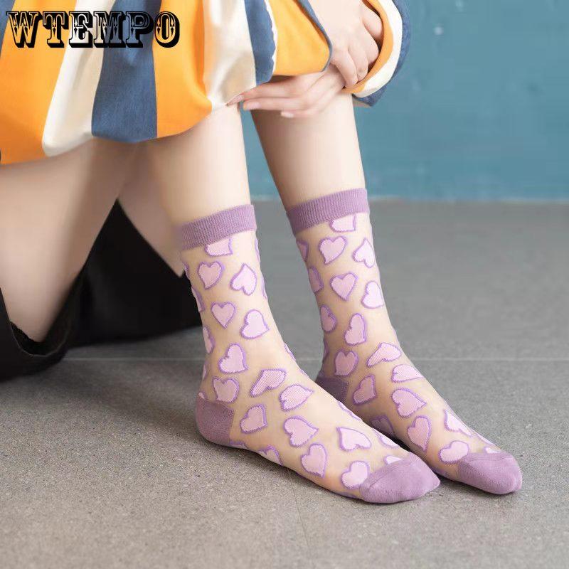 6pcs Crystal Long Socks Women Spring Summer Love Transparent Glass Silk Japanese Cute Thin Mid-Calf Stockings