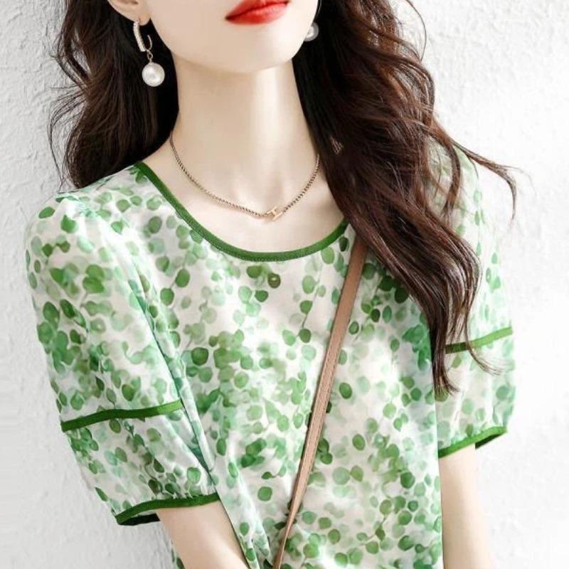 

Summer New Temperament Floral Round Neck Top Printed Short-sleeved Chiffon Shirt for Women S зелёный