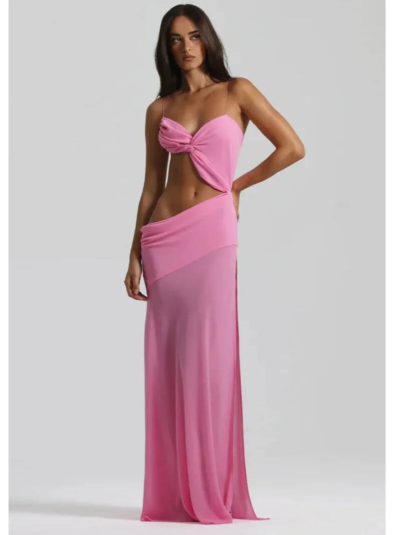 

Sexy Backless Bikini Long Dress Women Side Split Sleeveless Pleated Female Vacation Dresses Spring Lady Beach Party Robes Us73 L