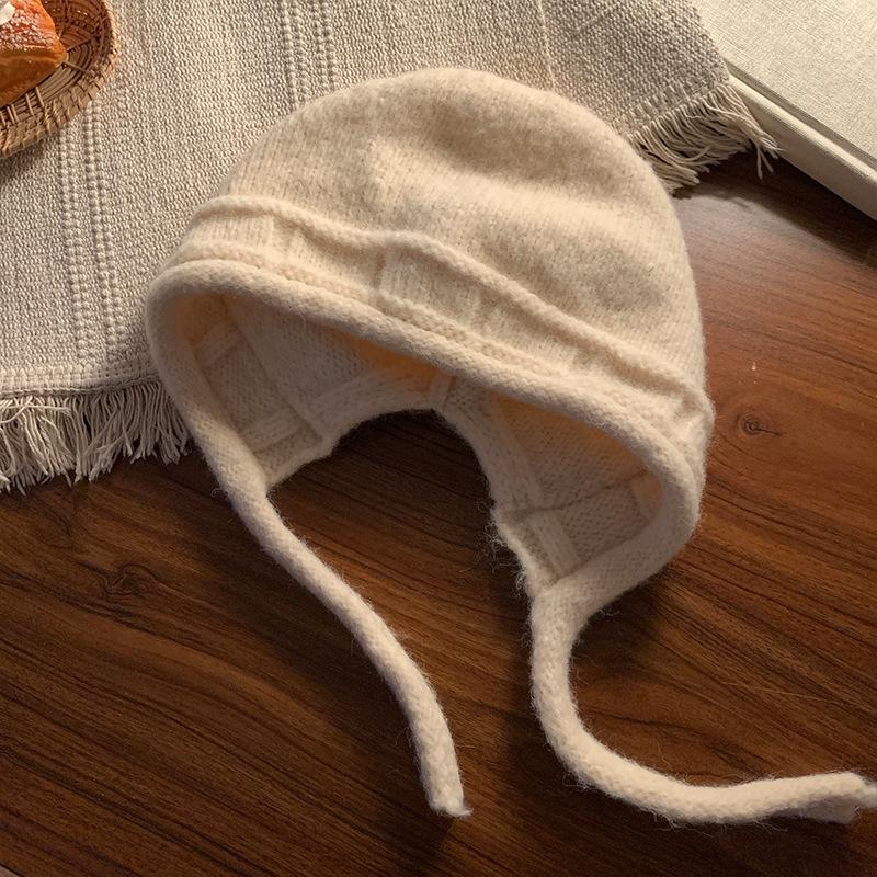 Small face straps knitted hat women's autumn and winter big head circumference solid color wool hat warm ear protection bag head hat