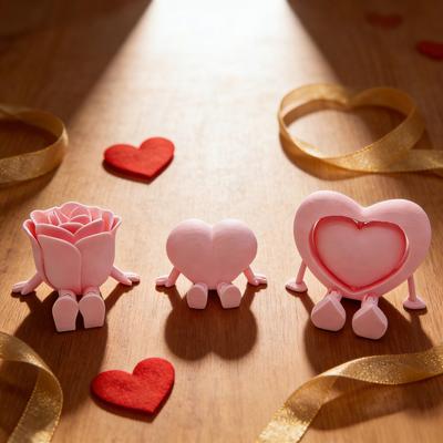 3 Pcs 3D Printed Valentine's Day Decoration Articulated Pink Heart Rose Figurine with Flexible Legs for Office Home Shelf Decor Lovers Gift