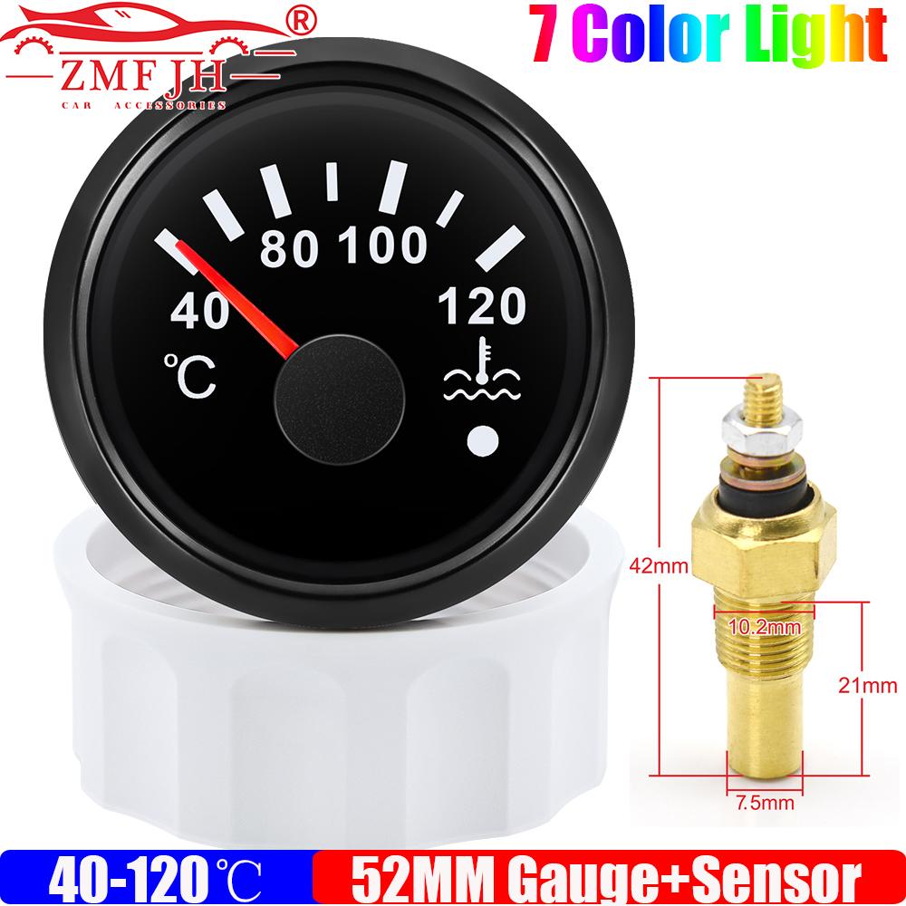 40~120℃ 52MM Water Temperature Gauge With Flashing Alarm Temp Sensor 10.2MM 7 Color Light for Marine Boat Yacht Car Auto 12V24V