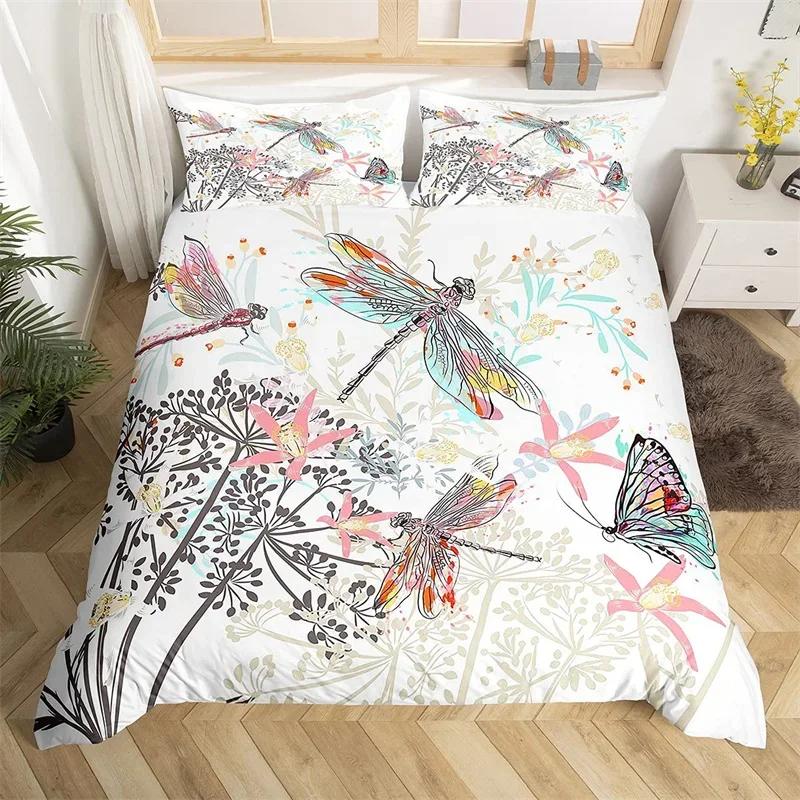 Dragonfly Duvet Cover Single Twin King For Girl Boys Gift Botanical Floral Bedding Set Microfiber Wild Animals Quilt Cover Set