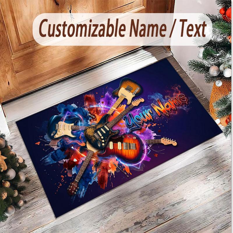 Music Guitar Theme Soft Crystal Velvet Rug Custom Name & Text Print Non Slip Floor Rug for Bedroom Living Room