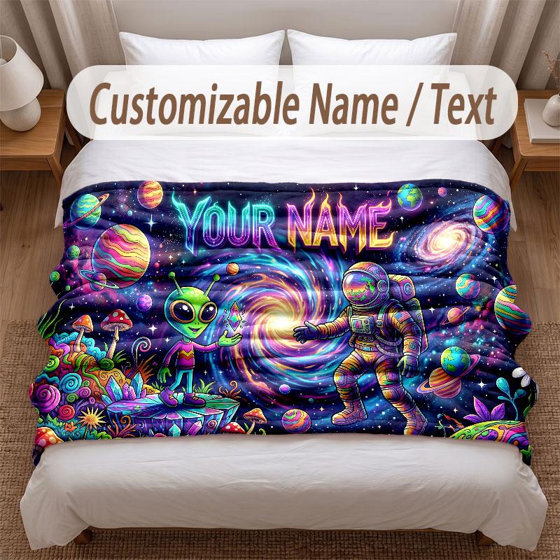 Astronaut Space Theme Soft Blanket Personalized Custom Name Text Print Warm Blanket Home Sofa Bedroom Decor