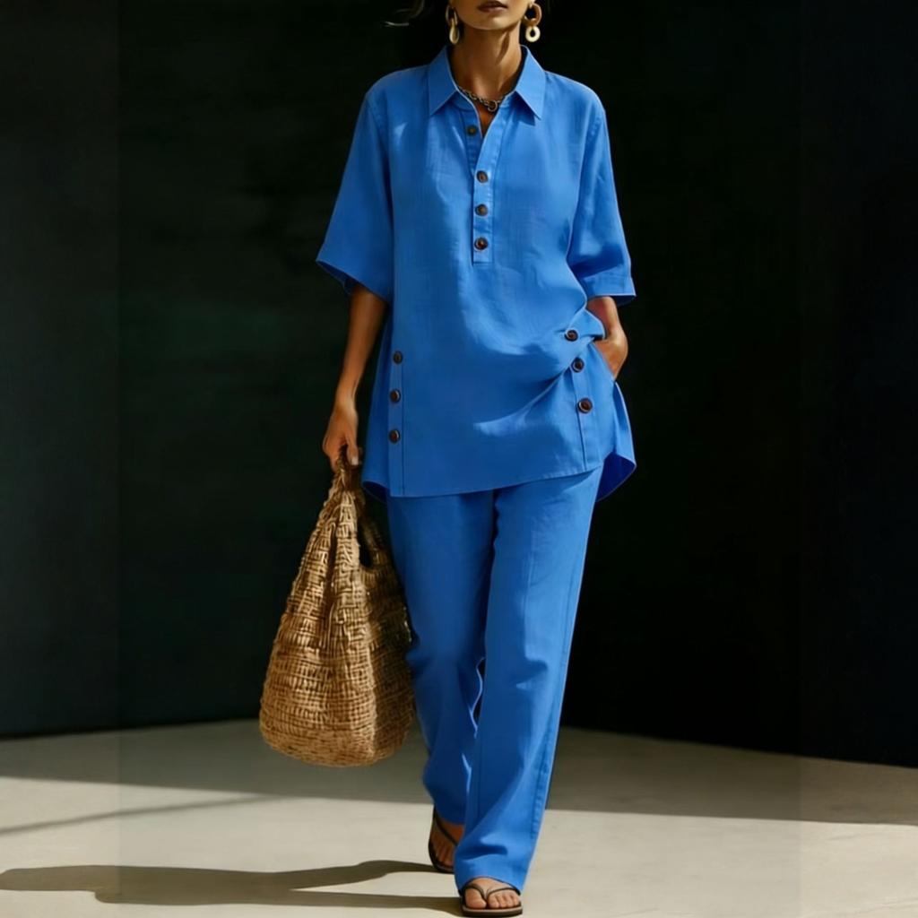 Women Two Piece Set Loose Fit Short Sleeve Shirt with Button Detail and Wide Leg Pants Casual Outfit for Everyday Wear