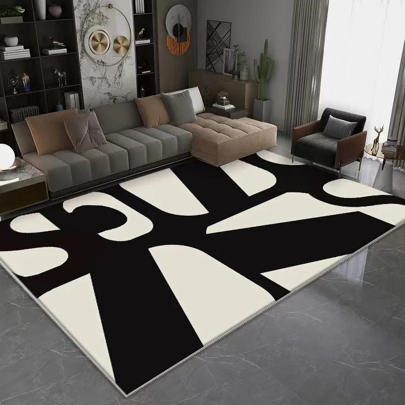 Minimalist Abstract Pattern Area Rug with Geometric Shapes and Black White Color Scheme Floor Mat for Living Room Home Decor