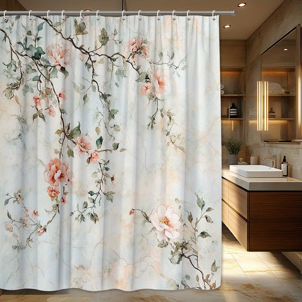 1-teiliger Duschvorhang mit pastellfarbenem Blumenmuster – zartrosa und pfirsichfarbene Blüten, grüne Blätter, Polyester, maschinenwaschbar