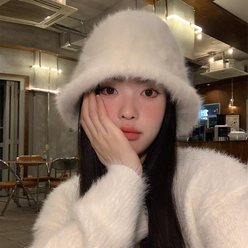 Hairy rabbit fur bucket hat women s winter hat big head circumference autumn and winter bucket hat warm plush basin hat average size [55-60cm adjustable]