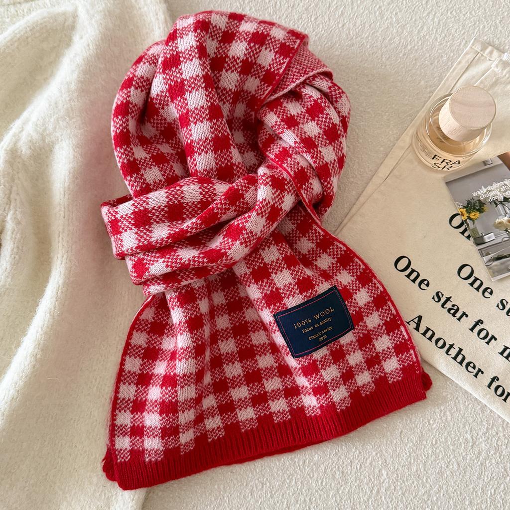 New Year's Korean Red Plaid 111 Cotton Knitted Scarf Women's Winter Versatile Couple Thickened Warm Scarf