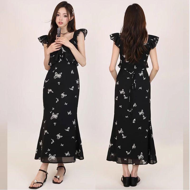 Feifei Sleeve Butterfly Printed Fishtail Dress Black Waist Medium and Long Small Sleeveless Dress Women's Summer
