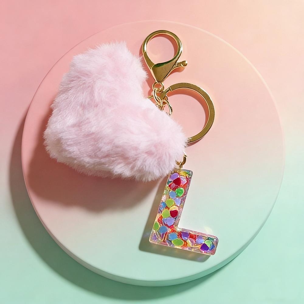 Versatile Pink Heart Plush Ball Glitter Letter Keychain Charm