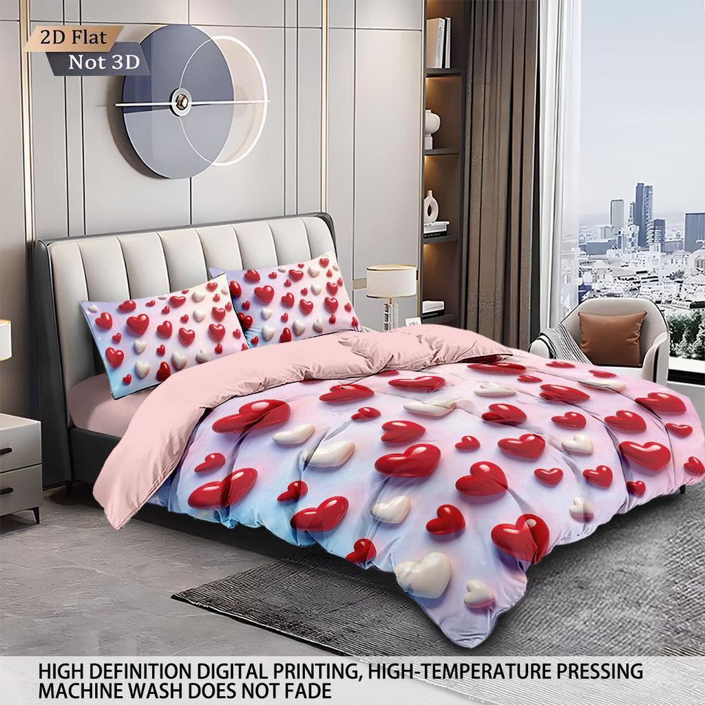 Temu Brushed Red Heart Bedding Set - Duvet Cover & Pillowcase