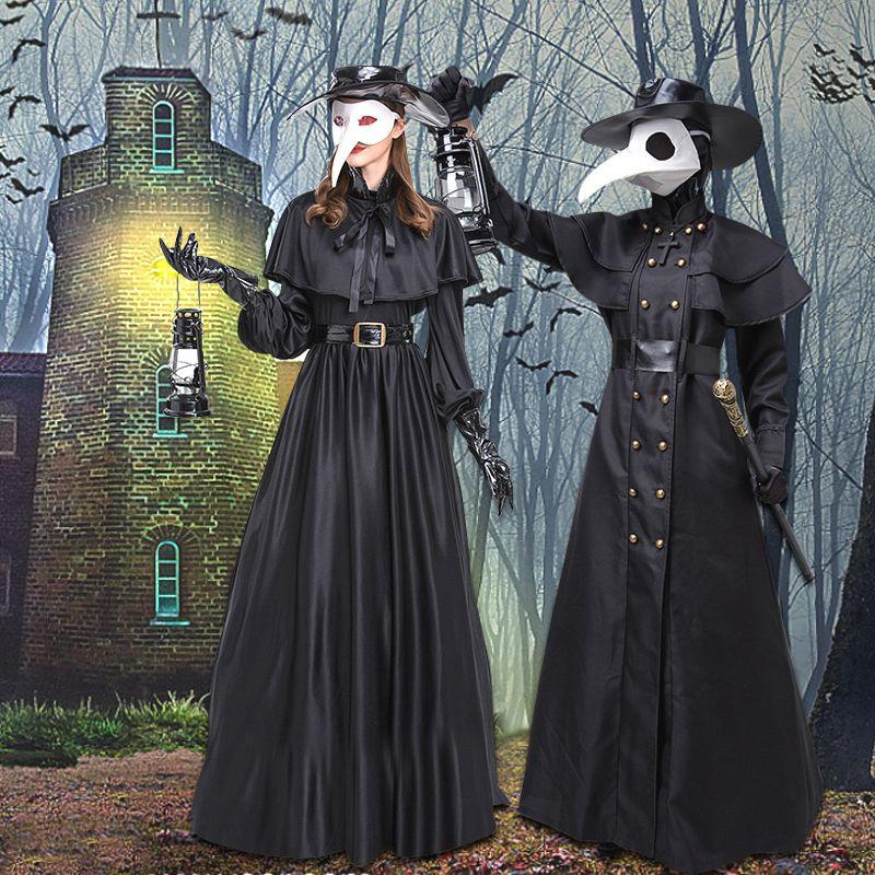 Fantasia de Médico da Peste Halloween Medieval Robe com Capuz Máscara Chapéu Para Cosplay Monge