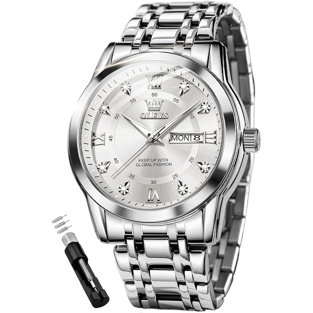 OLEVS Men s Luxury Quartz Watch Waterproof Stainless Steel Silver Band White Dial