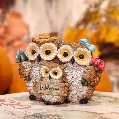 Garden Owl Family Sculpture Owl Welcome Sign Statue, Creative Resin Ornament for Home, Outdoor, Garden Entrance Decor