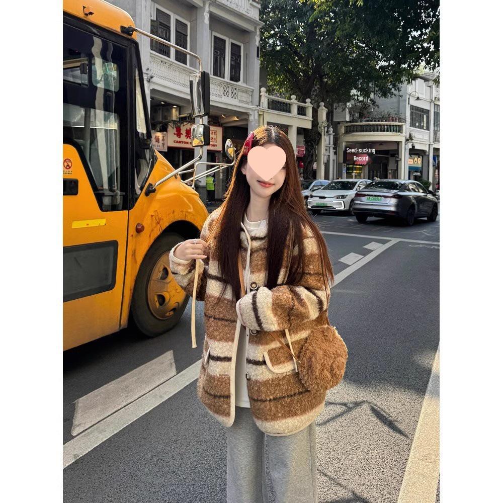 Women’s Korean Retro Striped Hooded Faux Lambswool Coat - Winter Loose Fit Cardigan with Long Sleeves