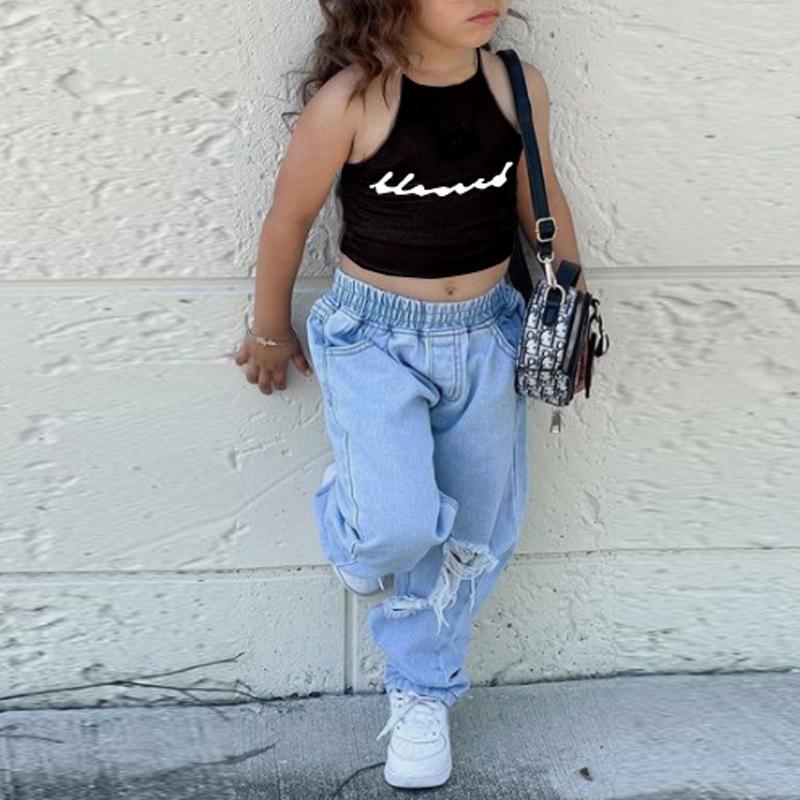 Summer Children's Fashion Short Letter Halter Top and Wide-leg Pants Two-piece Set