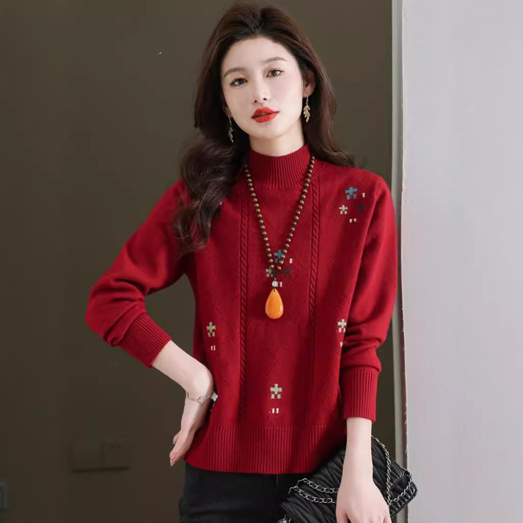 Half-turtleneck Jacquard Red Sweater Women s Autumn and Winter Western Style Loose Inner Knitted Bottoming Shirt XXL красный 2336₽