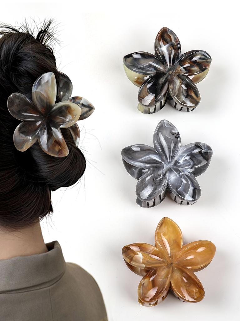 3 Pcs Hawaiian Flower Hair Claw Clips for Thick Hair,Non Slip Marble Vein Plumeria Flower Hair Pins for Women Beach Vacation